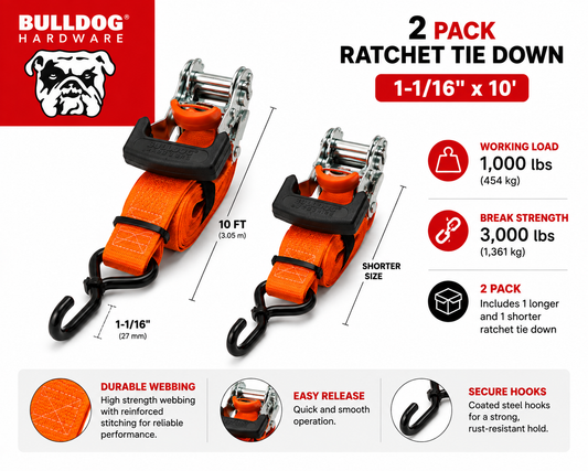 Bulldog Hardware Ratchet Tie Down Straps – 2 Pack, 1-1/16" x 10'