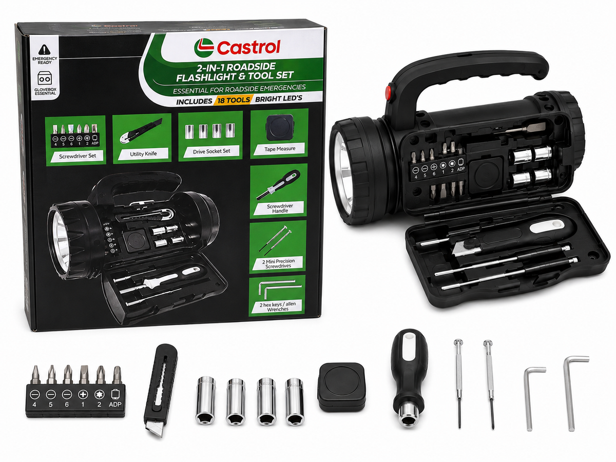 Castol 2-in-1 Roadside Flashlight & 18-Piece Tool Set