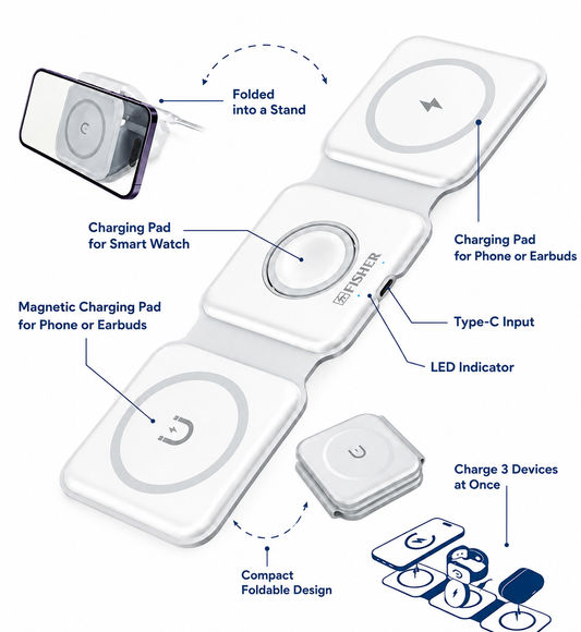 Fisher 3-in-1 Foldable Wireless Charging Pad – 15W Fast Charge