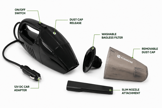 Castrol 12V Portable Car Vacuum Cleaner – 60W with 9FT Power Cord