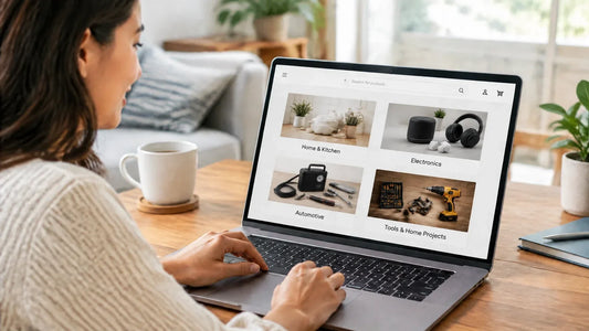 Shopper browsing CardeMart categories for home, electronics, automotive, and tools