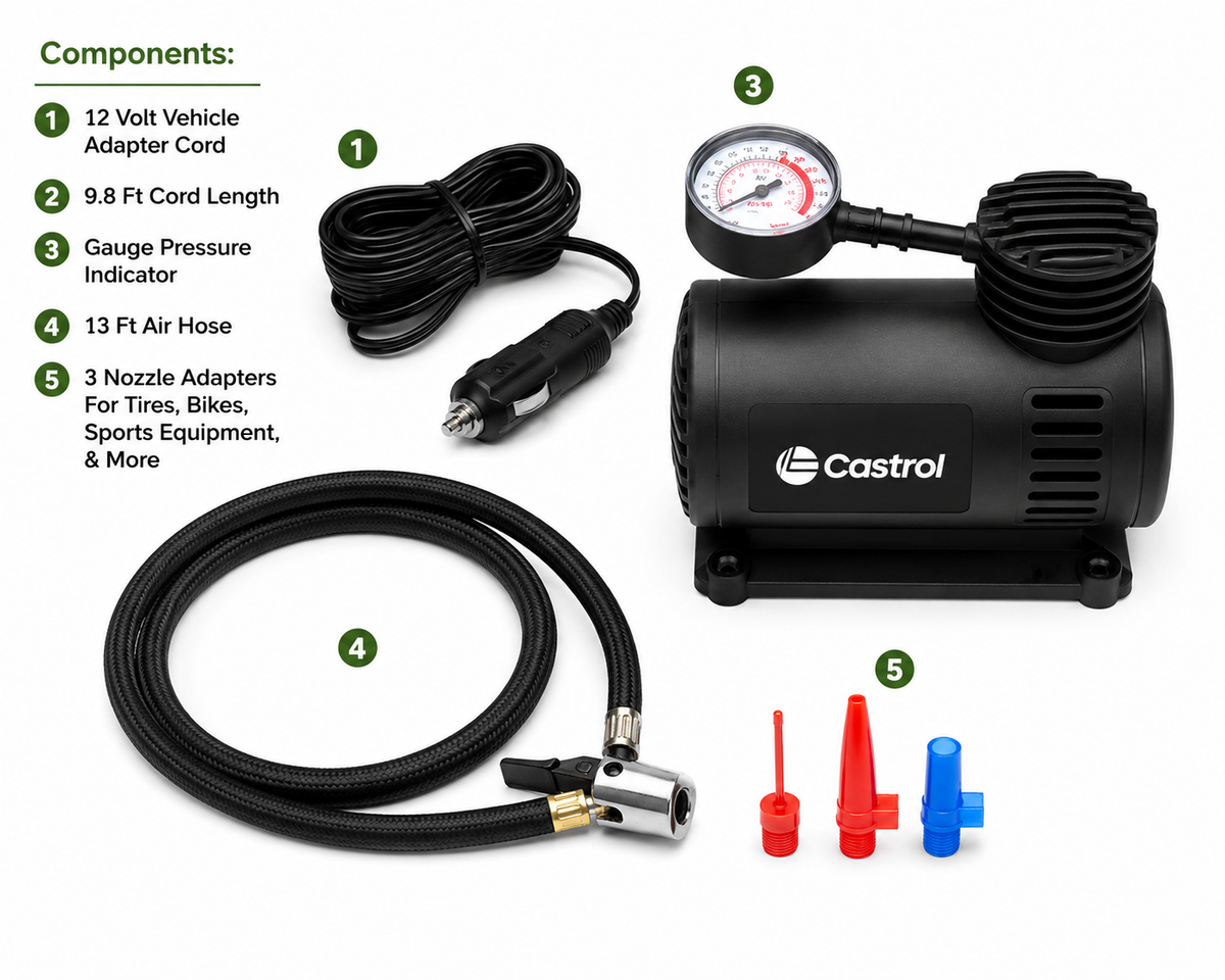 Castrol 12V Portable Air Compressor – 300 PSI Tire Inflator