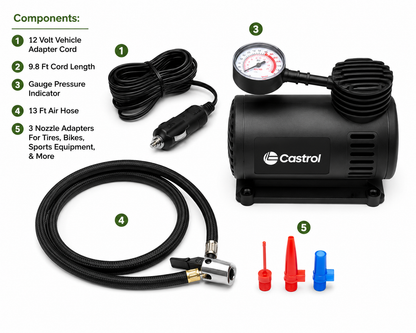 Castrol 12V Portable Air Compressor – 300 PSI Tire Inflator