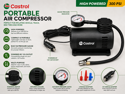 Castrol 12V Portable Air Compressor – 300 PSI Tire Inflator
