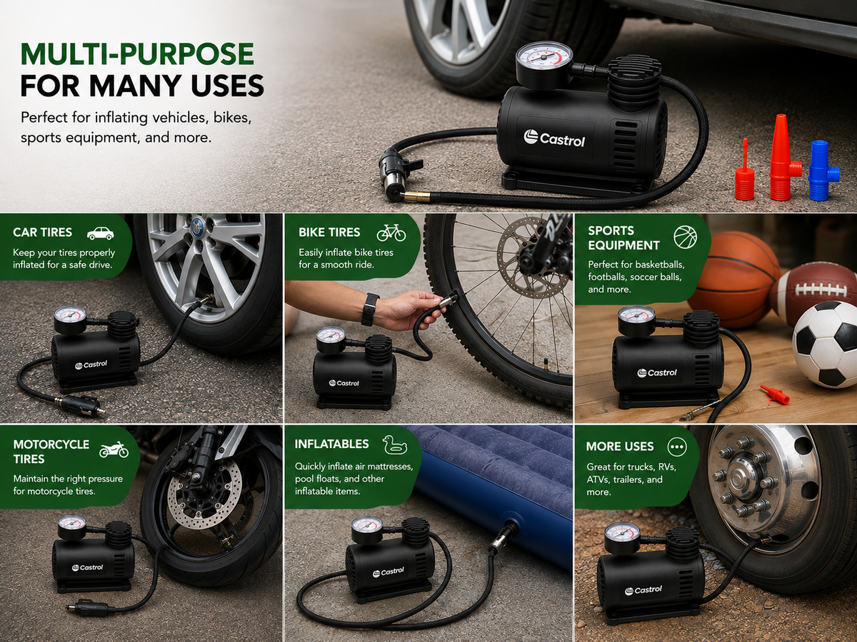 Castrol 12V Portable Air Compressor – 300 PSI Tire Inflator