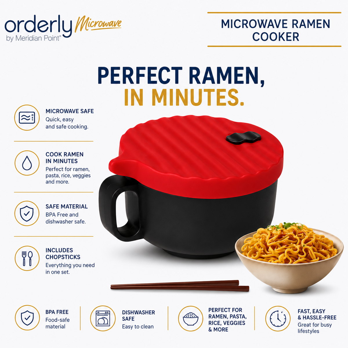 Orderly Microwave Ramen Cooker – BPA-Free Microwave Bowl with Lid & Chopsticks