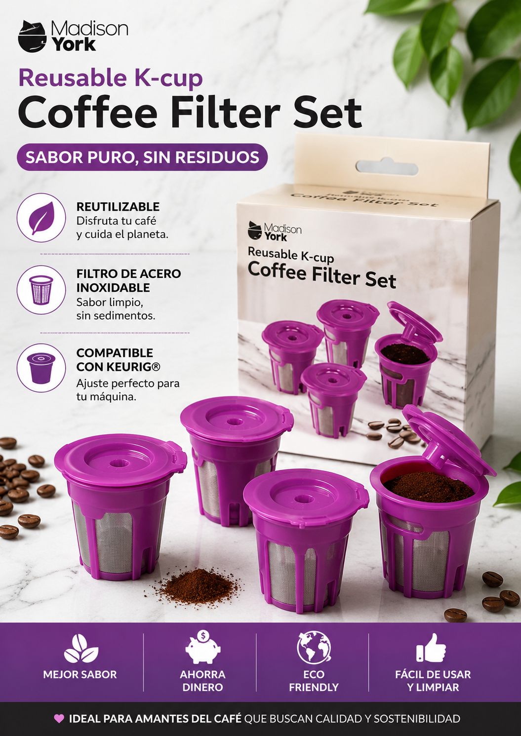 Madison York Reusable K-Cup Coffee Filter Set – 4 BPA-Free Reusable Coffee Filters