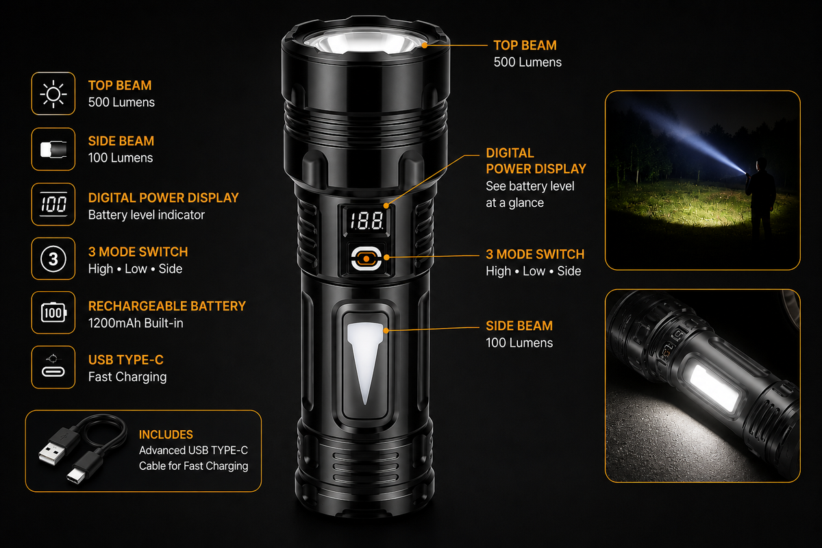 Farpoint Rechargeable Dual Beam Flashlight – 500 Lumens with Digital Display