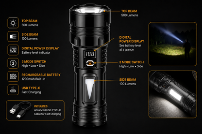 Farpoint Rechargeable Dual Beam Flashlight – 500 Lumens with Digital Display