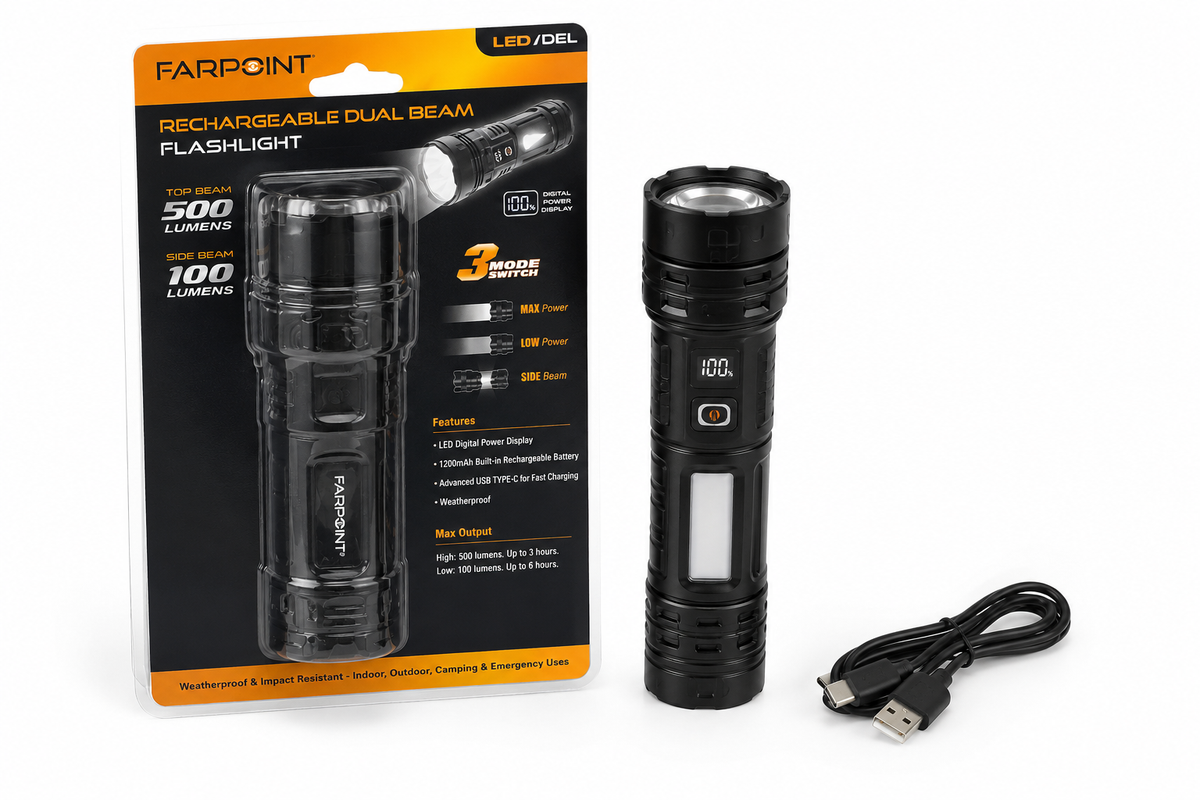 Farpoint Rechargeable Dual Beam Flashlight – 500 Lumens with Digital Display