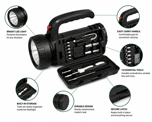 Castol 2-in-1 Roadside Flashlight & 18-Piece Tool Set