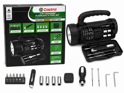 Castol 2-in-1 Roadside Flashlight & 18-Piece Tool Set