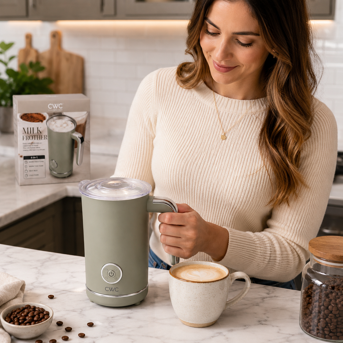 CWC Electric Milk Frother – 4-in-1 Automatic Milk Frother & Milk Warmer – Hot & Cold Foam
