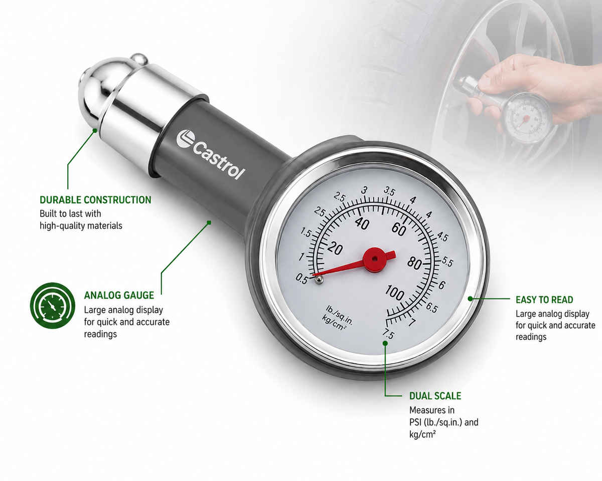 Castrol Analog Tire Pressure Gauge – High Precision 100 PSI