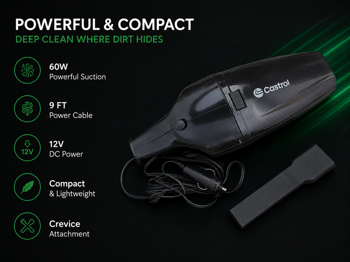 Castrol 12V Portable Car Vacuum Cleaner – 60W with 9FT Power Cord