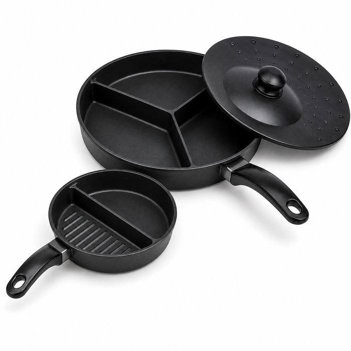 Tri-Pan Premier – 3-Section Non-Stick Divided Frying Pan with Simmer Lid