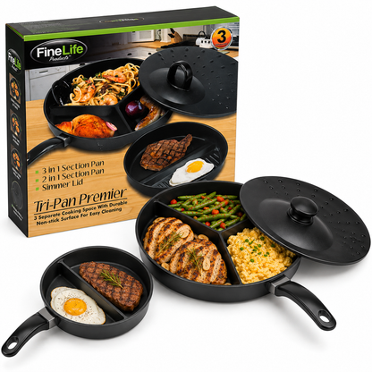 Tri-Pan Premier – 3-Section Non-Stick Divided Frying Pan with Simmer Lid