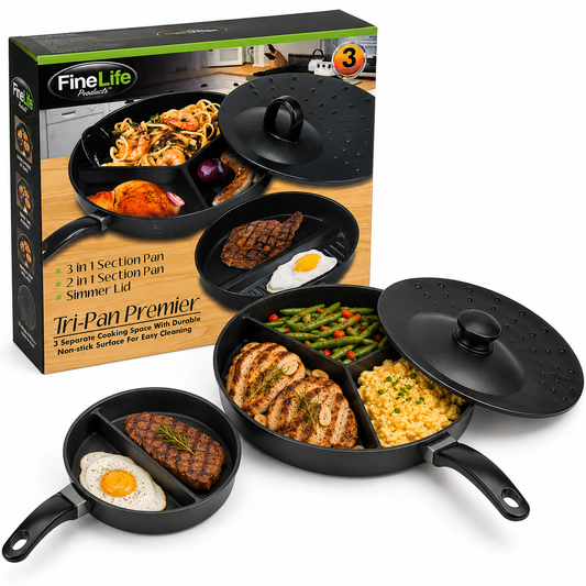 Tri-Pan Premier – 3-Section Non-Stick Divided Frying Pan with Simmer Lid