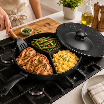 Tri-Pan Premier – 3-Section Non-Stick Divided Frying Pan with Simmer Lid
