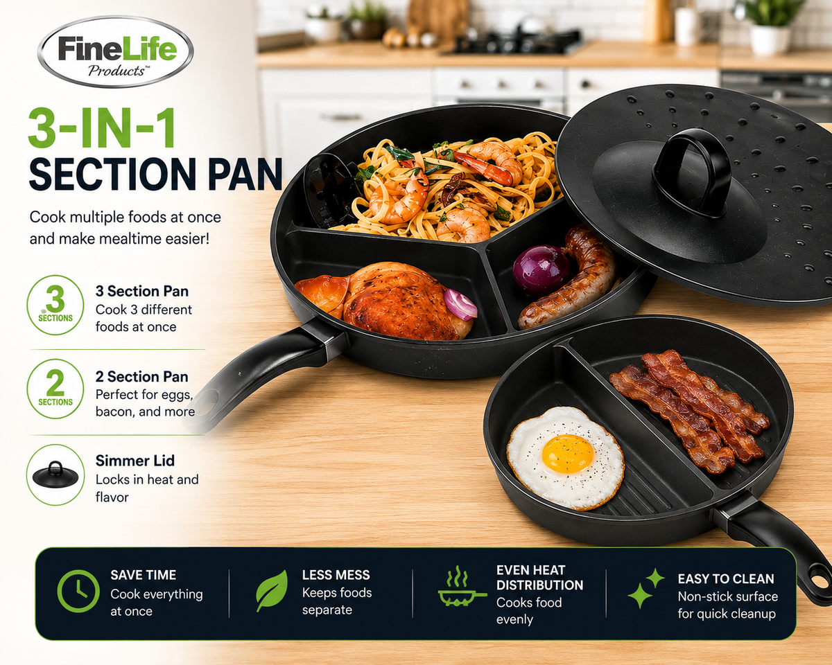 Tri-Pan Premier – 3-Section Non-Stick Divided Frying Pan with Simmer Lid