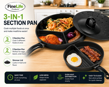 Tri-Pan Premier – 3-Section Non-Stick Divided Frying Pan with Simmer Lid