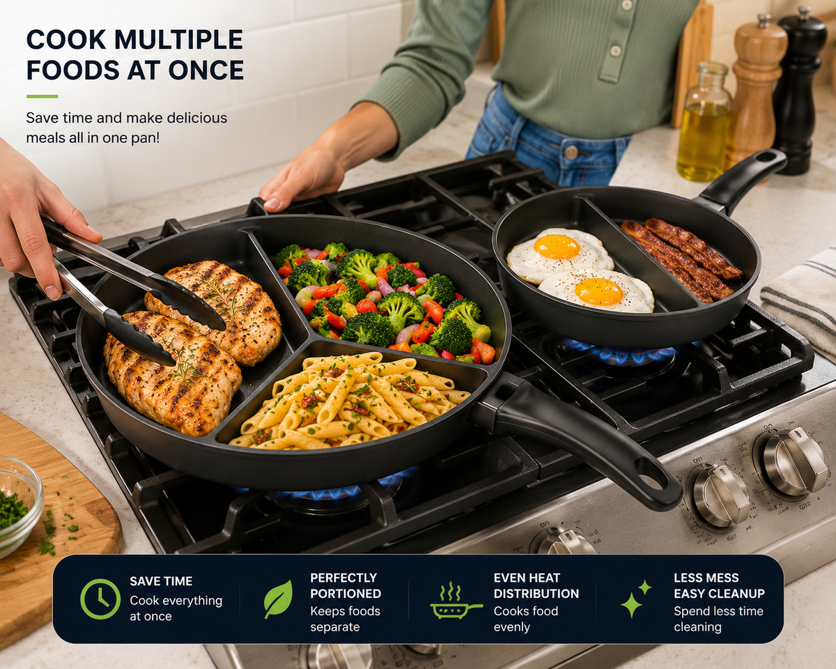 Tri-Pan Premier – 3-Section Non-Stick Divided Frying Pan with Simmer Lid