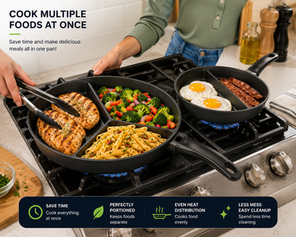Tri-Pan Premier – 3-Section Non-Stick Divided Frying Pan with Simmer Lid