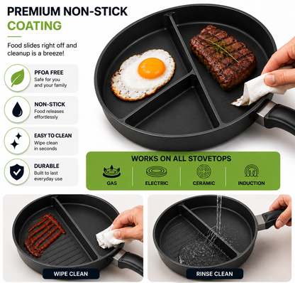 Tri-Pan Premier – 3-Section Non-Stick Divided Frying Pan with Simmer Lid
